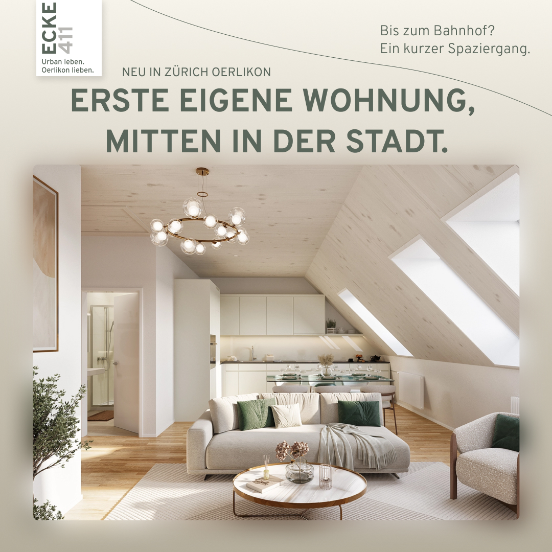 Carousel Junge, Folie 1: «Erste eigene Wohnung, mitten in der Stadt» über einer Visualisierung des Wohnzimmers mit Dachschräge