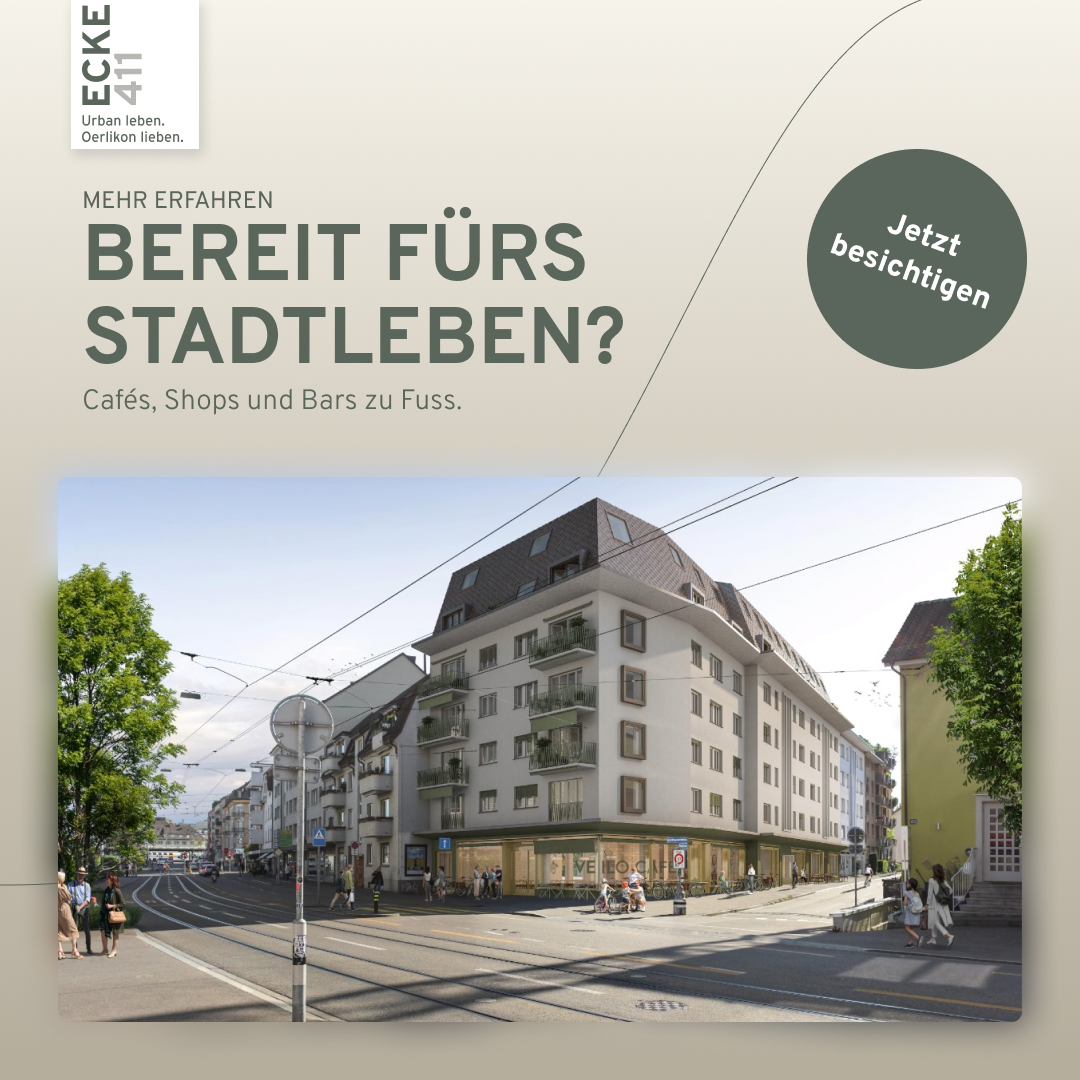 Carousel Junge, Folie 3: «Bereit fürs Stadtleben?» über einer Visualisierung des Eckgebäudes in Oerlikon
