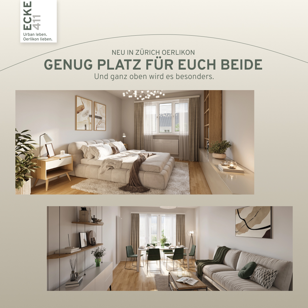 Carousel Paare, Folie 1: «Genug Platz für euch beide» mit Visualisierungen von Schlaf- und Wohnzimmer