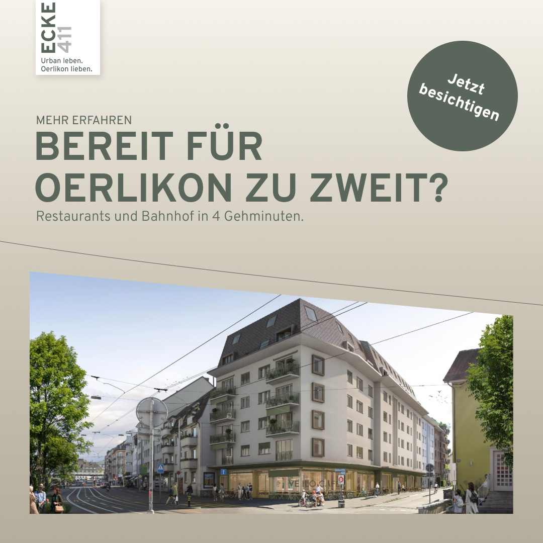 Carousel Paare, Folie 3: «Bereit für Oerlikon zu zweit?» über einer Visualisierung des Eckgebäudes