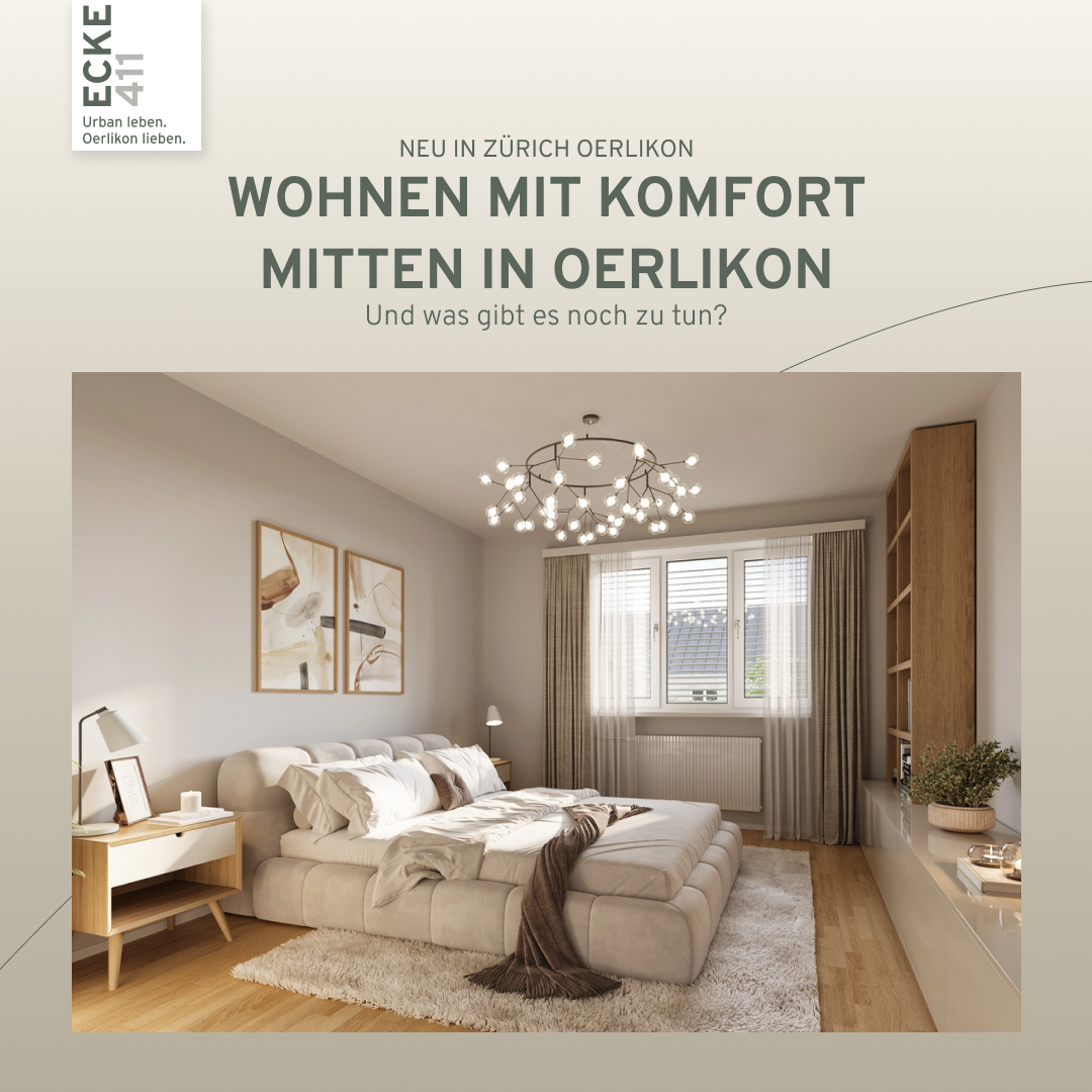 Carousel Ältere, Folie 1: «Wohnen mit Komfort mitten in Oerlikon» über einer Visualisierung des Schlafzimmers