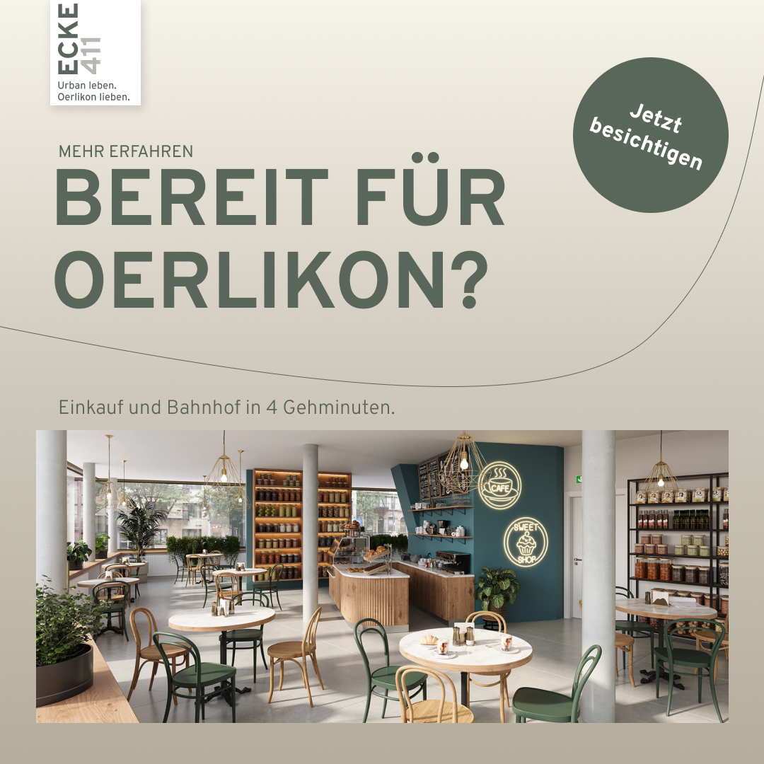 Carousel Ältere, Folie 3: «Bereit für Oerlikon?» mit dem Café im Erdgeschoss